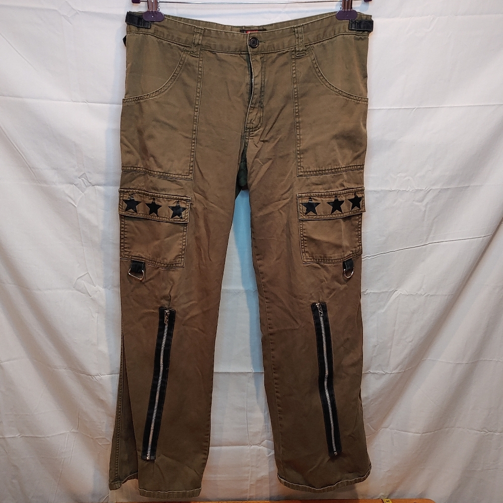 VTG Y2K Tripp NYC Daang Goodman OD Green Bondage Pants Sz 15 Zippers Stars Flare